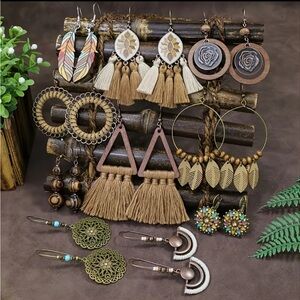 10 Pairs Boho Bronze Tassel Beaded Earrings Set